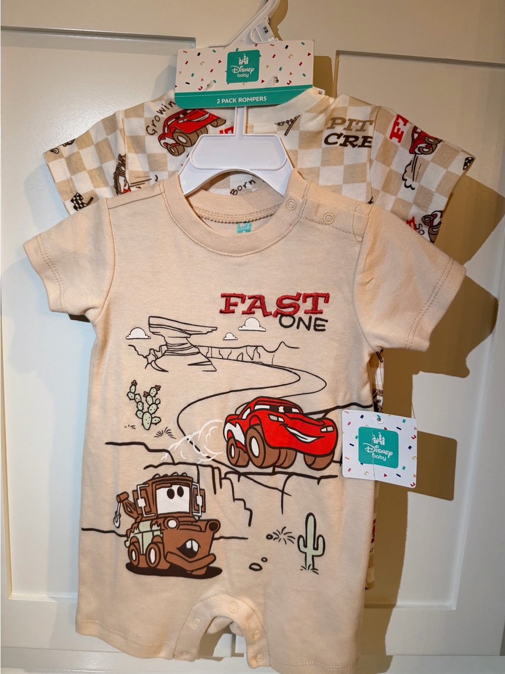 Disney Baby 'Fast One' Cars Romper Set - Beige & Red